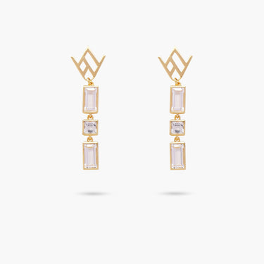 Amare Wear Gold Logo White Topaz Dangle Earrings