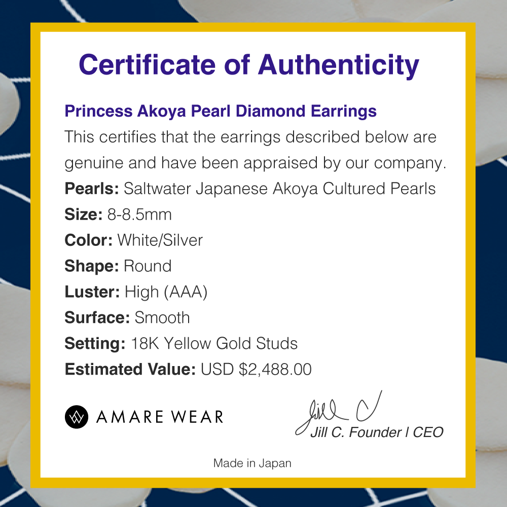 Certificate of authenticity - princess akoya pearl diamond earrings