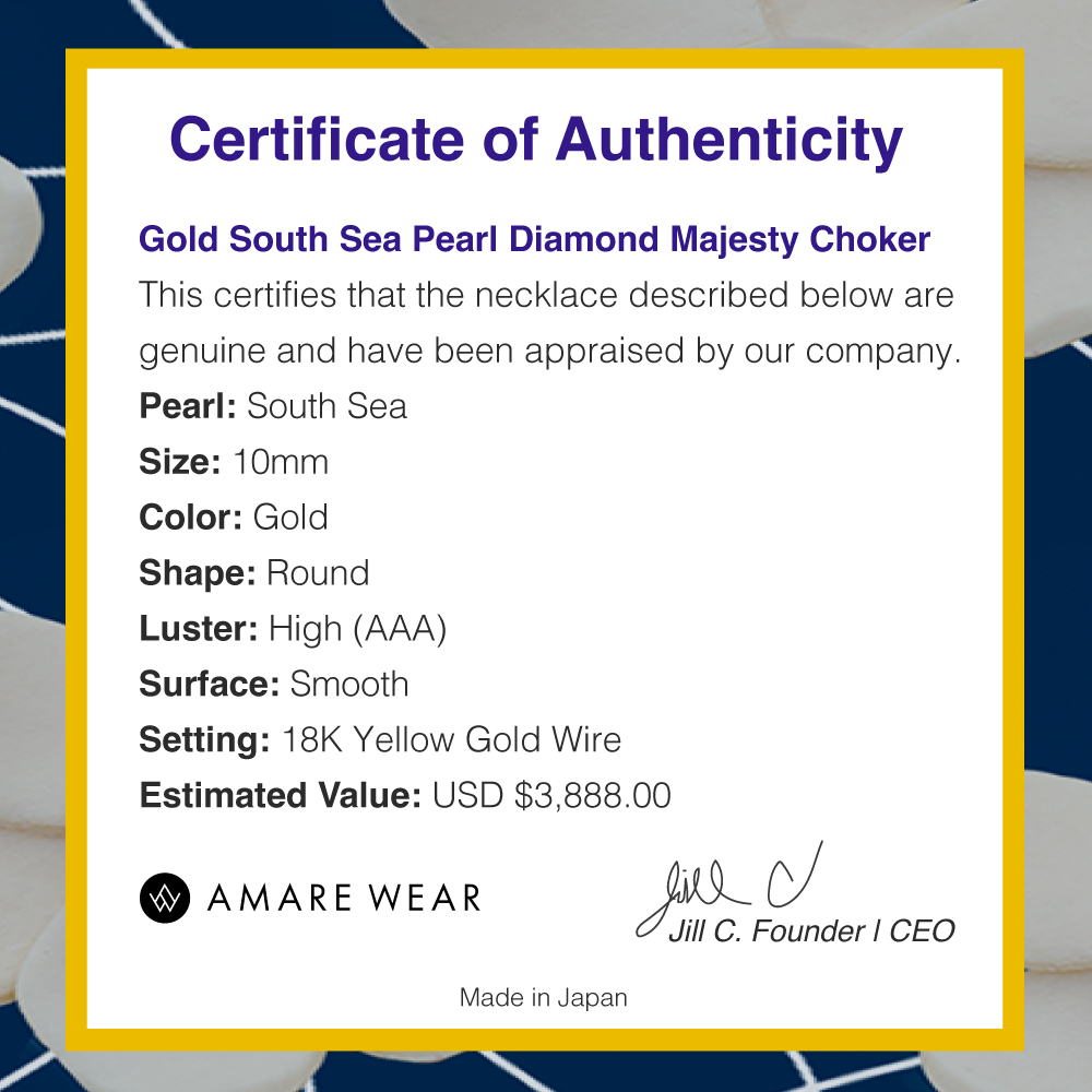 Certificate of Authenticity Gold South Sea Pearl Diamond Majesty Choker