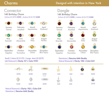 Collection of 14K birthday charms with gemstones on a white background