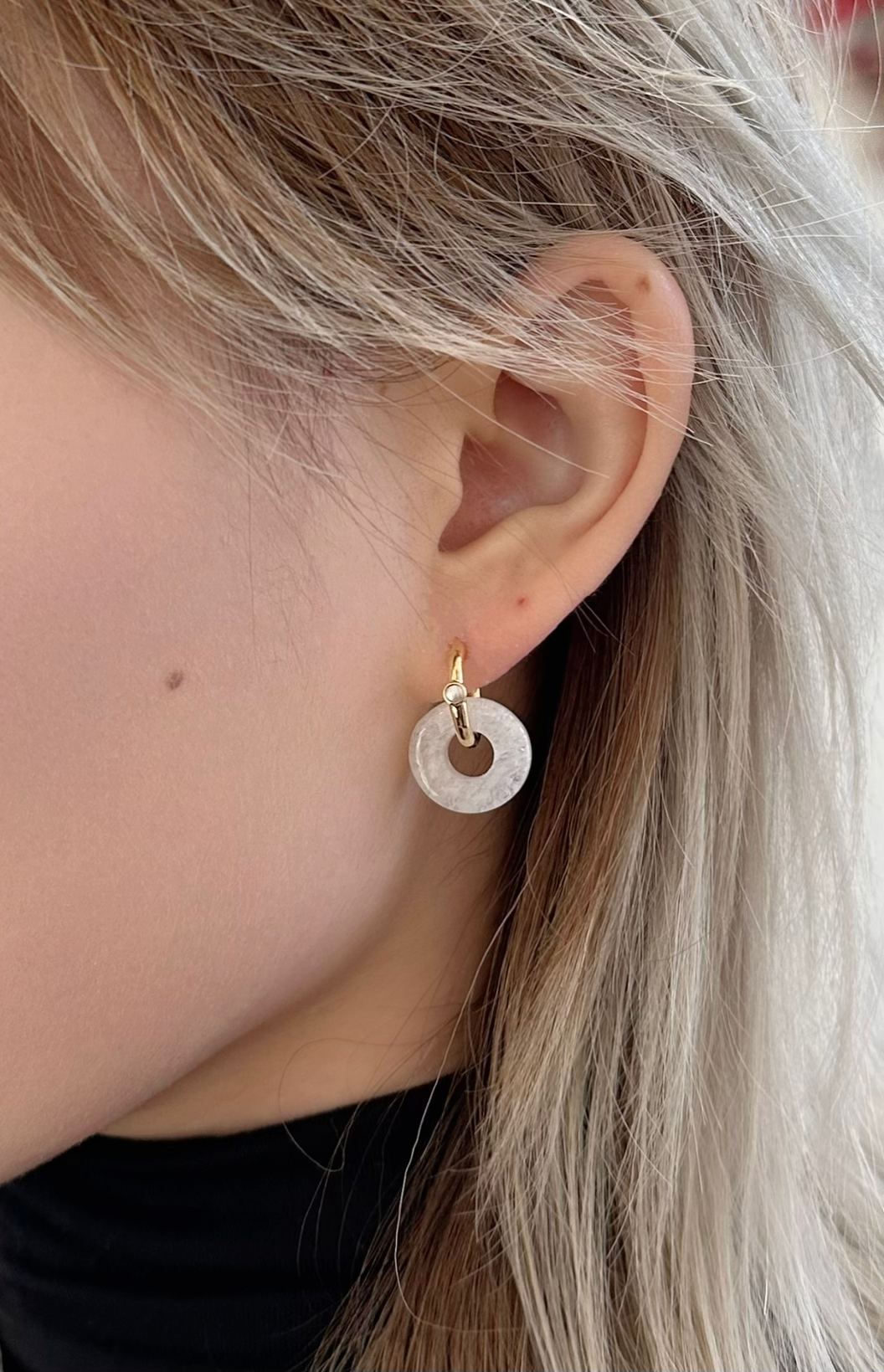 Amare Wear Oriental Inspired Freshwater Pearl Hoops and White Quartz Earrings|model shot
