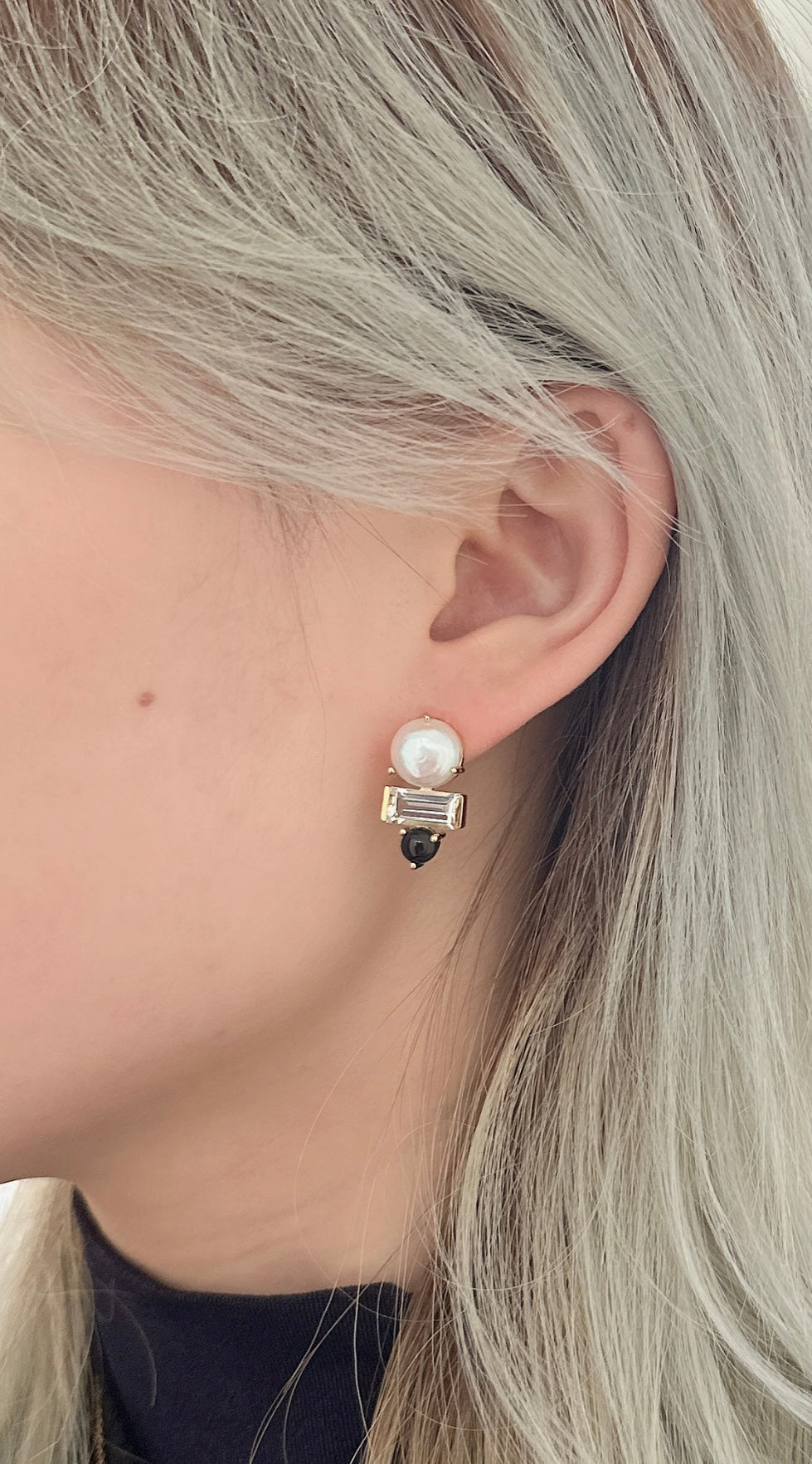 Amare Wear Freshwater Pearl with White Topaz and Black Onyx Triple Stacked Statement Studs