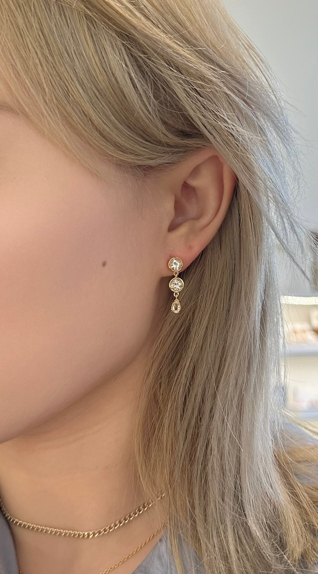 model shot|Amare Wear Gold Vermeil White Topaz Mini Dangle Earrings