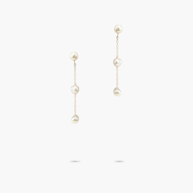 Amare Wear 14k Solid Gold Akoya Pearl 3 Drop Earrings