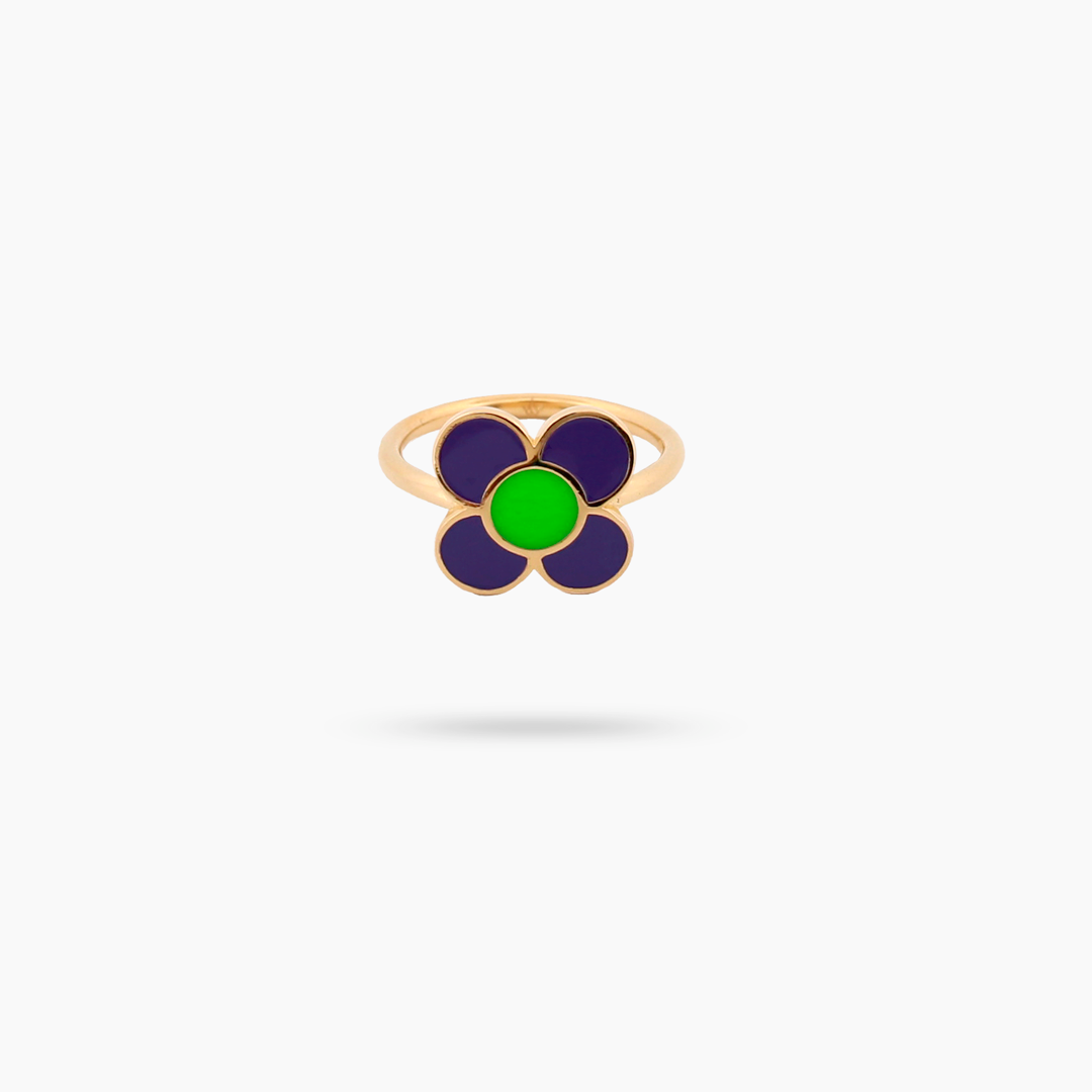 Daisy Flower Purple and Green  Enamel Ring