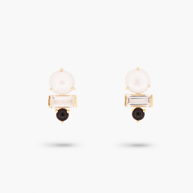 Amare Wear Freshwater Pearl with White Topaz and Black Onyx Triple Stacked Statement Studs