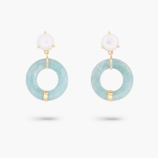 Amare Wear Oriental Inspired Freshwater Pearl and Aquamarine Dangle Earrings