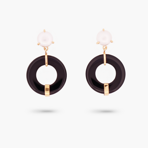 Amare Wear Oriental Inspired Freshwater Pearl and Black Onyx Dangle Earrings