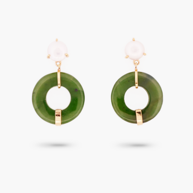 Amare Wear Oriental Inspired Freshwater Pearl and Rare Jade Dangle Earrings