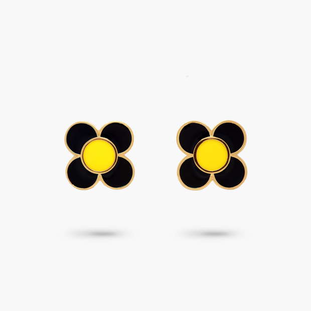 Daisy Flower Black and Yellow Enamel Stud Earring