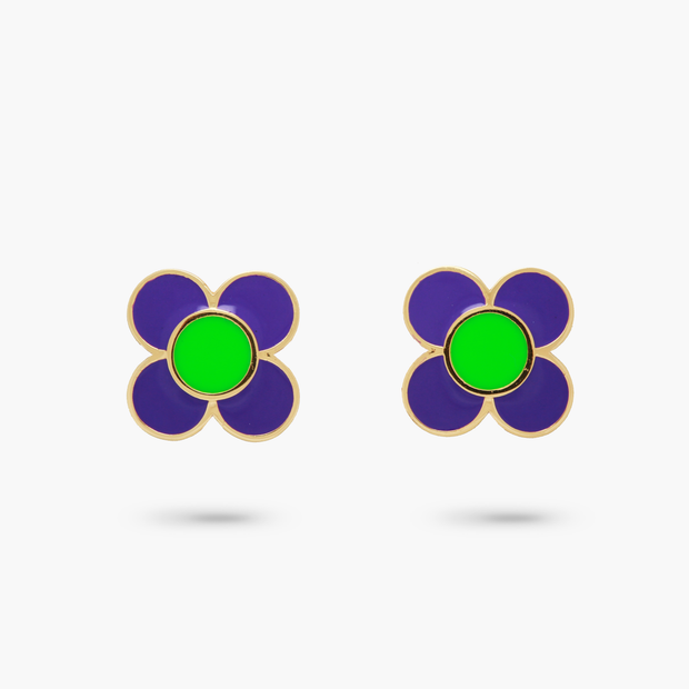 Daisy Flower Purple and Green Enamel Stud Earring