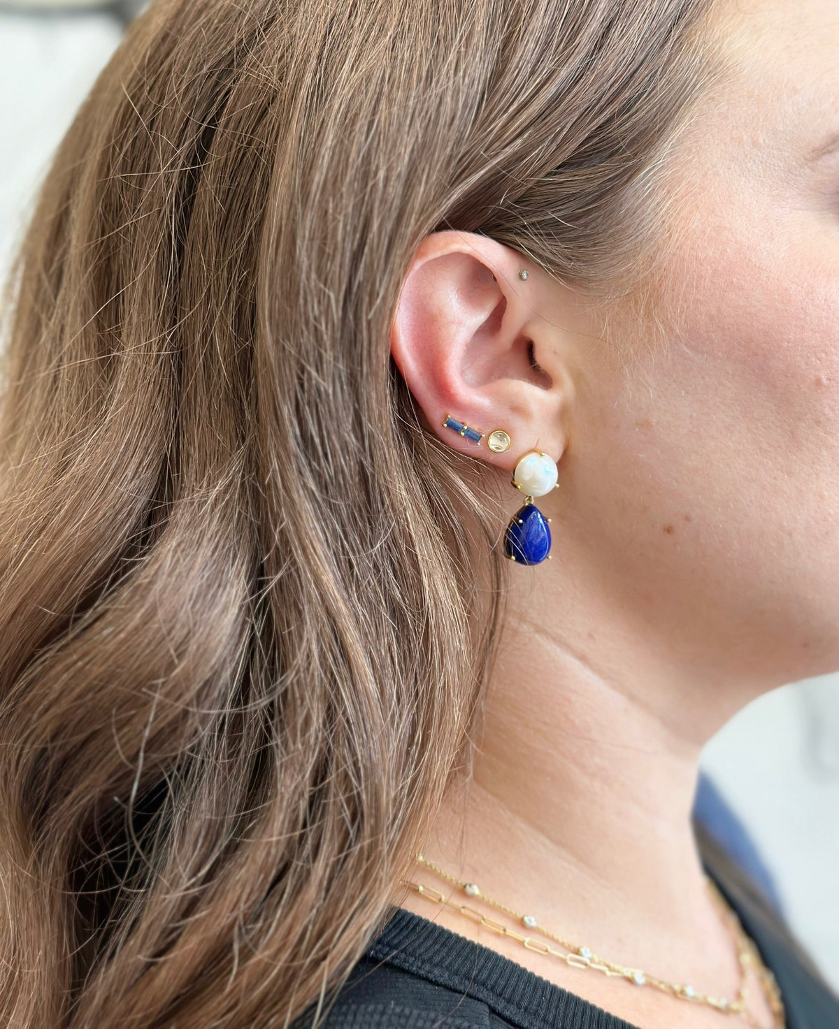 Freshwater Pearl and Teardrop Lapis Statement Earring