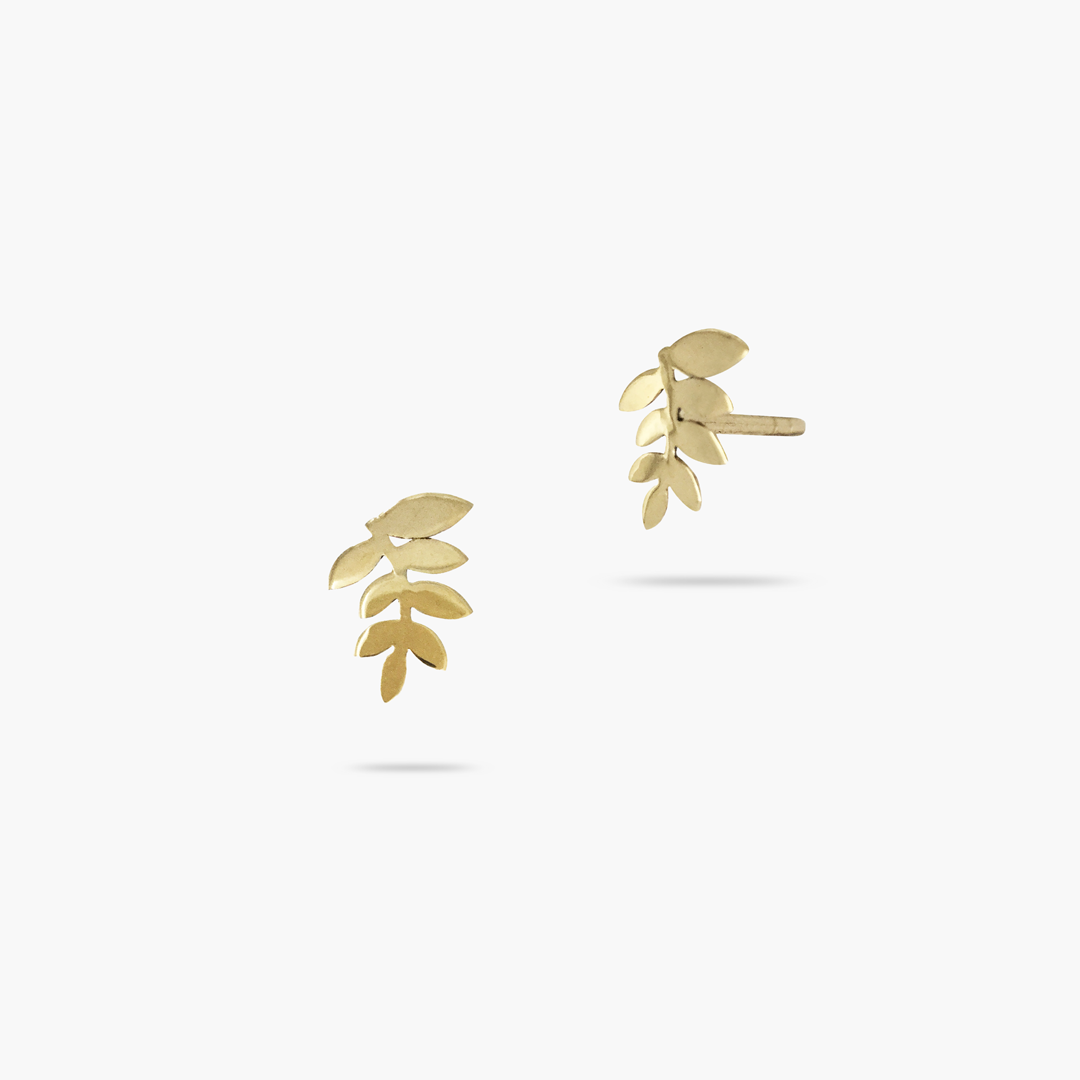 14k Solid Gold Leaf Branch Stud Earring