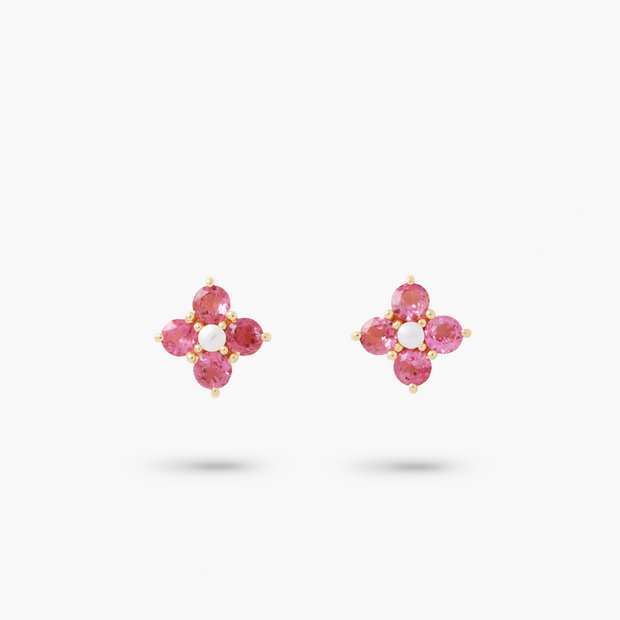 Amare Wear Pink Tourmaline and Freshwater Pearl Flower Stud Earring