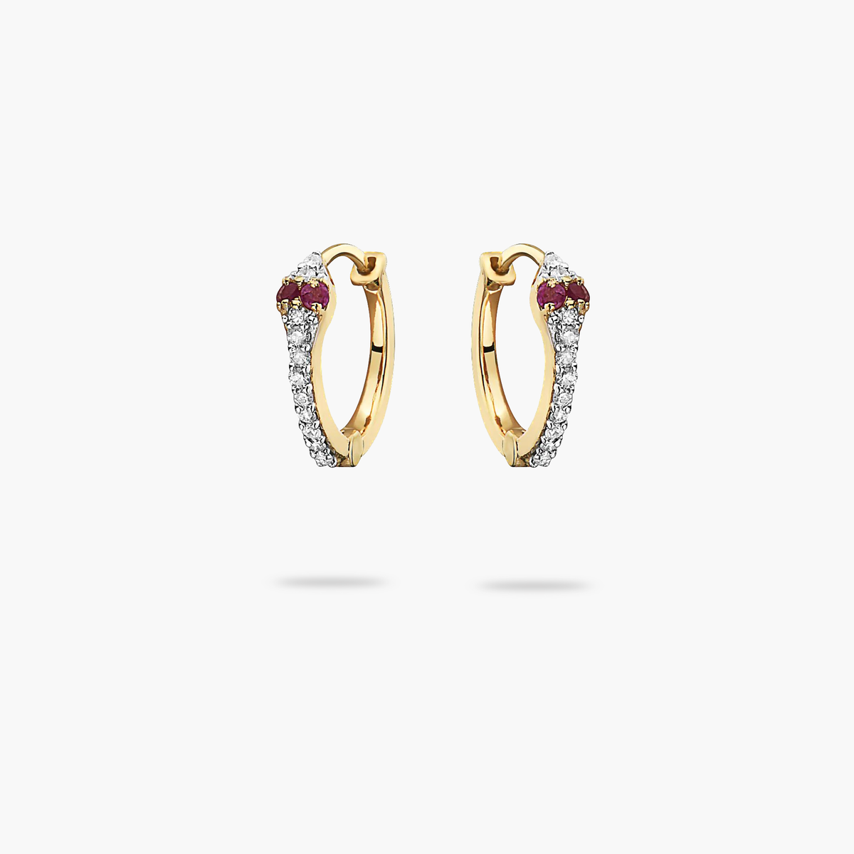 Mini Diamond Snake Huggie Earring with Ruby Eyes 14K Gold AMARE WEAR
