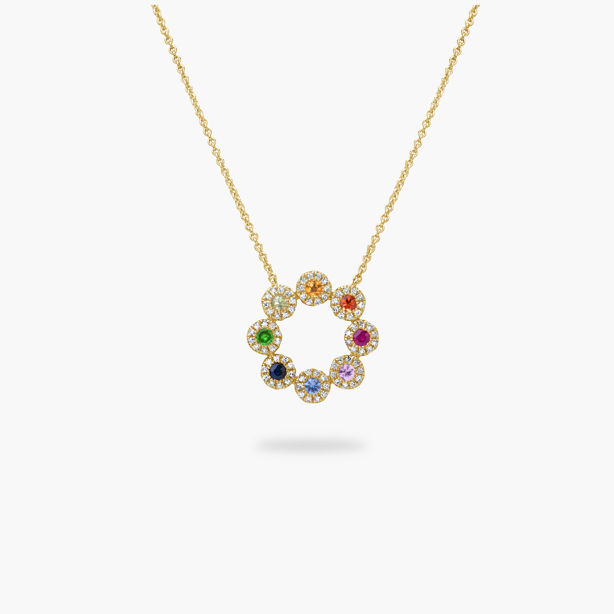Amare Wear fine jewelry Rainbow Sapphire & Diamond Pendant Necklace Multicolor Sapphire, Tsavorite and Diamond halo open circle pendant necklace